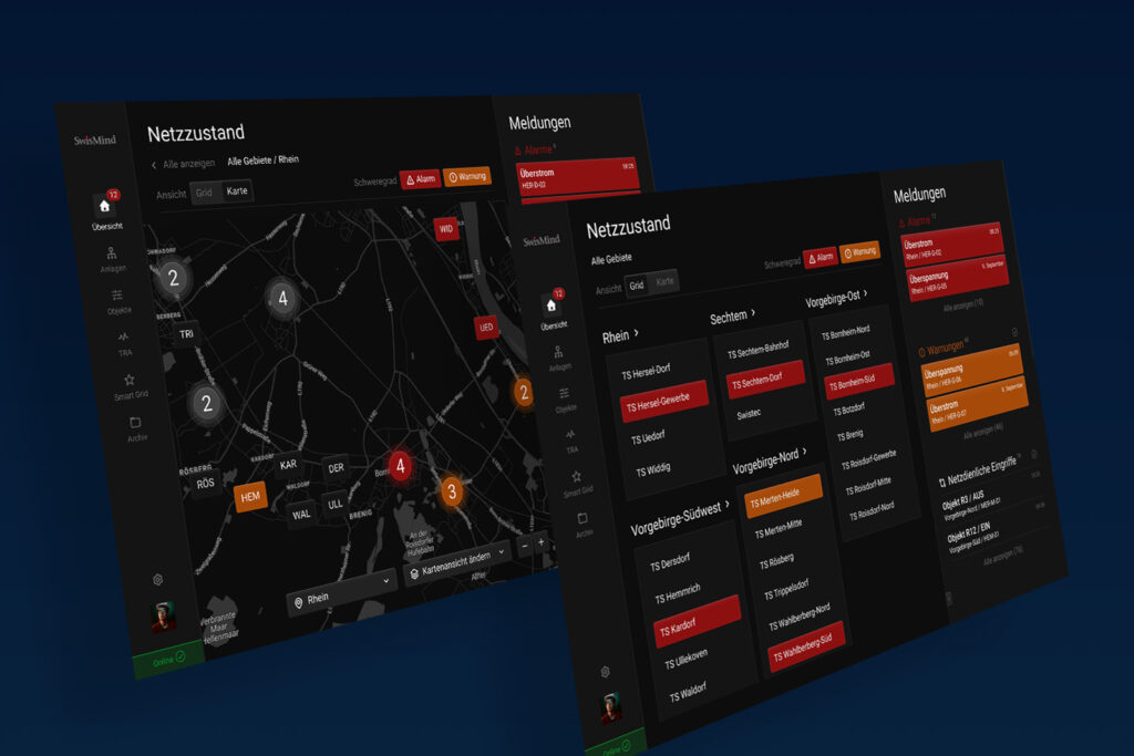 Die Screens "Übersicht" und "Karte Netzzustand" des Prototypen schräg perspektivisch schwebend auf dunkelblauem Hintergrund